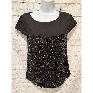 MM Couture by Miss Me Black Sequin Short Sleeve Blouse Top Size XS